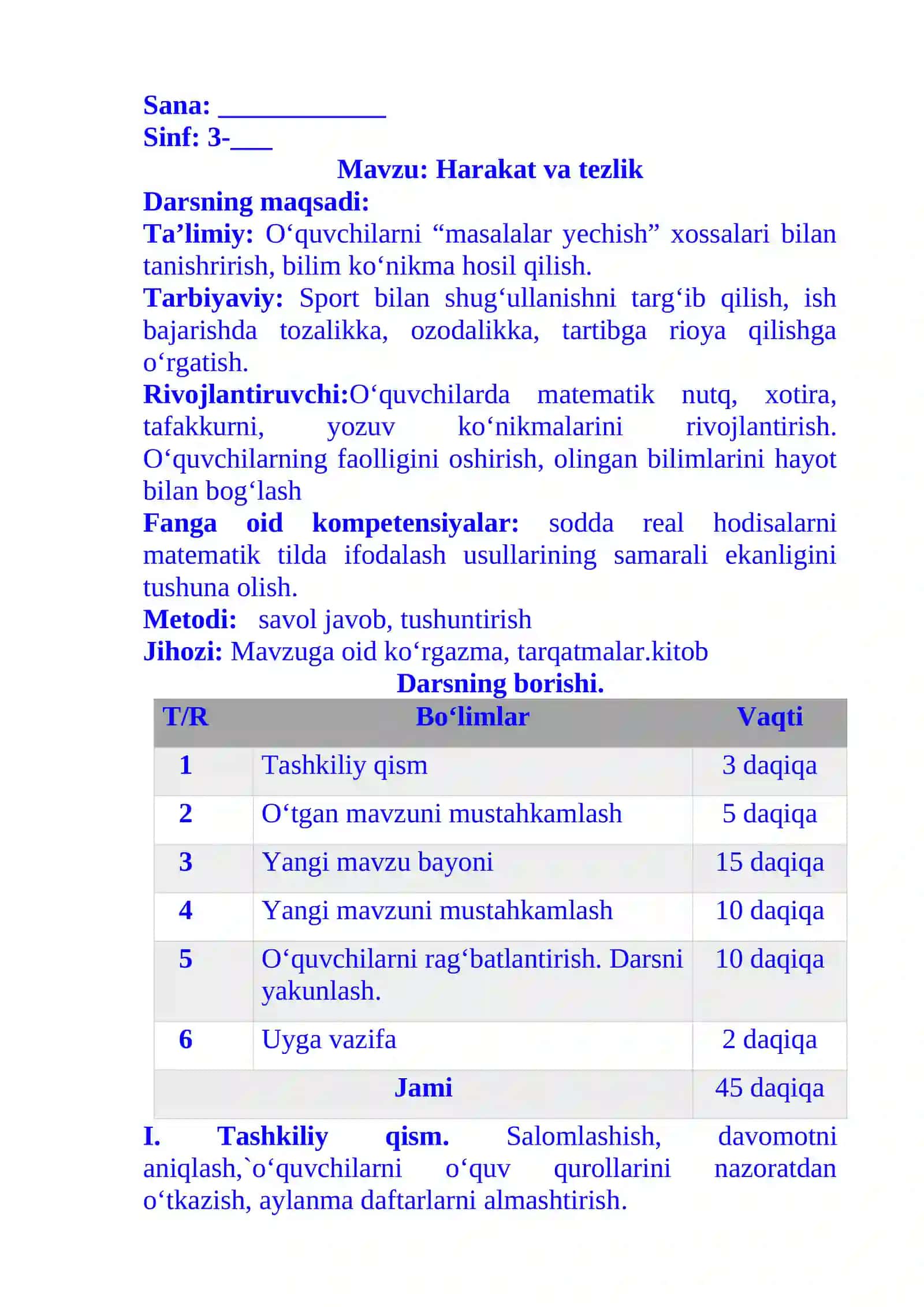 3-sinf matematika fanidan Harakat va tezlik 4-chorak uchun dars ishlanma 2