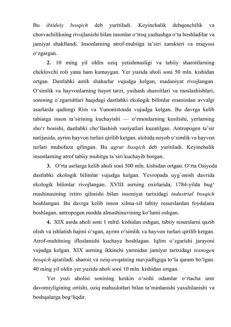 EKOLOGIK MUAMMOLARNING MOHIYATI, OQIBATLARI VA HAL ETISH YO‘LLARI. EKOLOGIK MADANIYAT. 2