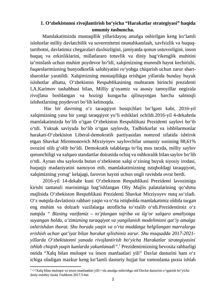 O‘zbekistonni yanada rivojlantirish bo‘yicha “Harakatlar strategiyasi”ning maqsadi va mohiyati 2