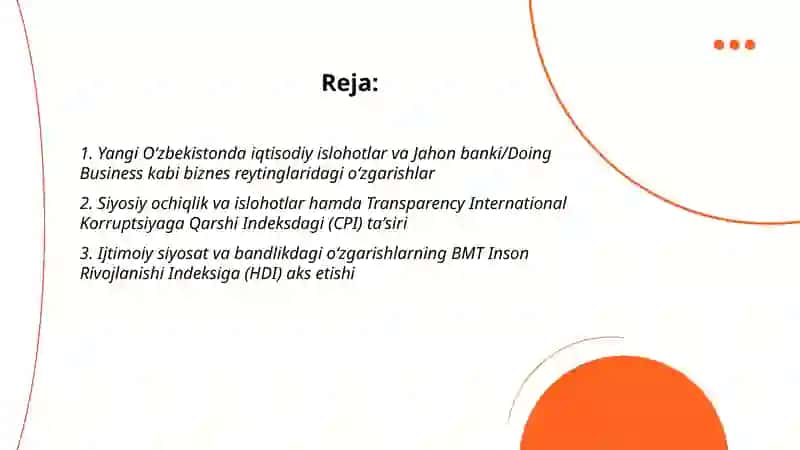 Yangi O'zbekiston ijtimoiy-siyosiy, iqtisodiy va madaniy hayotida ro'yberayotgan o'zgarishlarning xalqaro reyting va indekslarda aks etishi 2