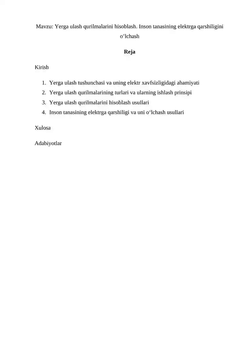 Yerga ulash qurilmalarini hisoblash. Inson tanasini elektrga qarshiligini o'lchash 2