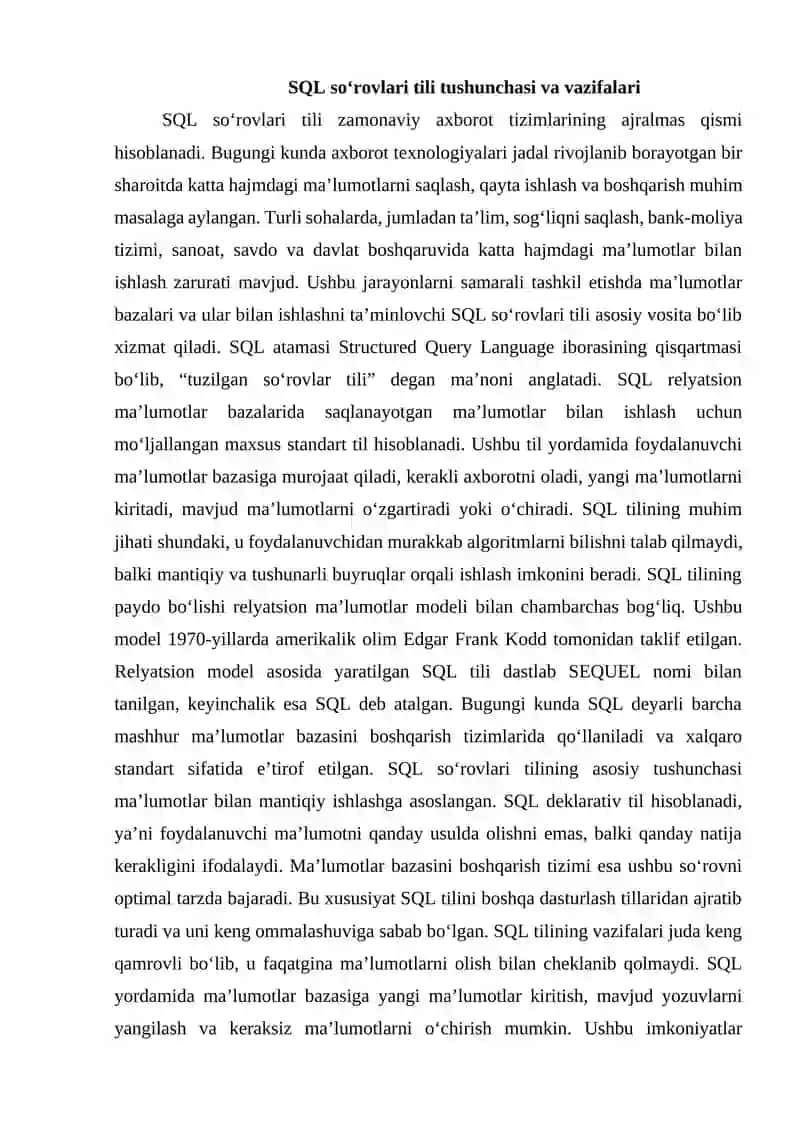 SQL SO‘ROVLARI TILI VA STRUKTURASI 2
