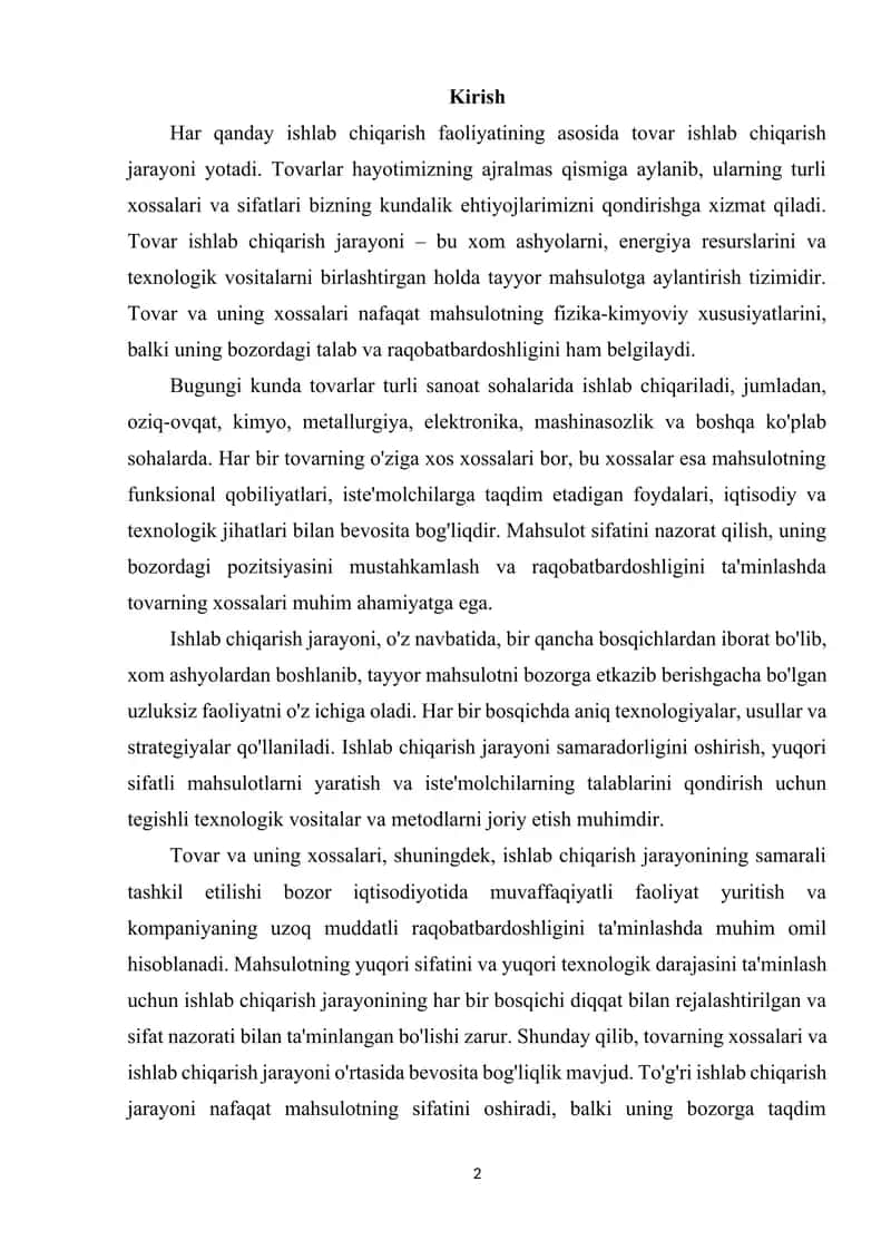 Tovar va uning xossalari. Ishlab chiqarish jarayoni 2