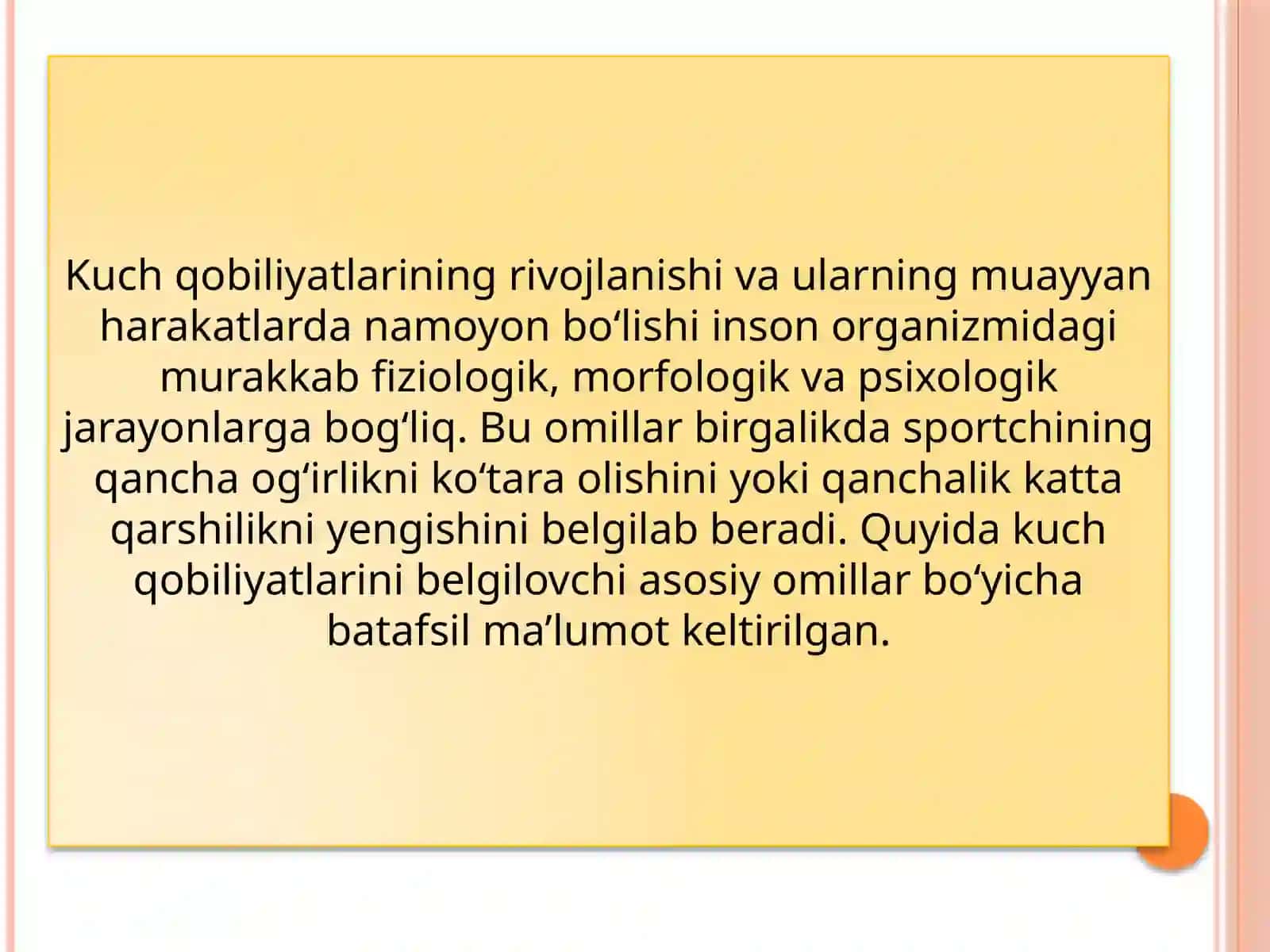 Kuch qobiliyatlarining rivojlanish darajasini namoyon bo'lishini belgilovchi omillar 2