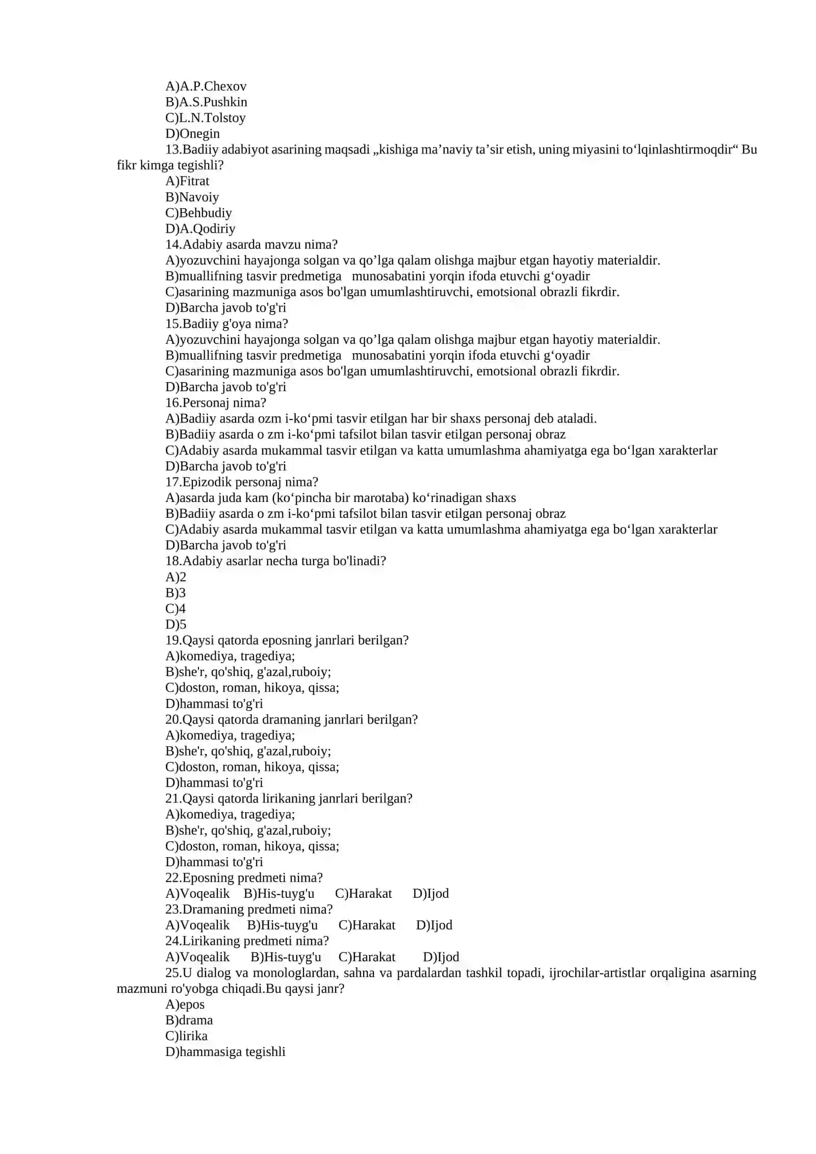 Bolalar adabiyoti nazariyasi fanidan yakuniy nazorat testlari 2