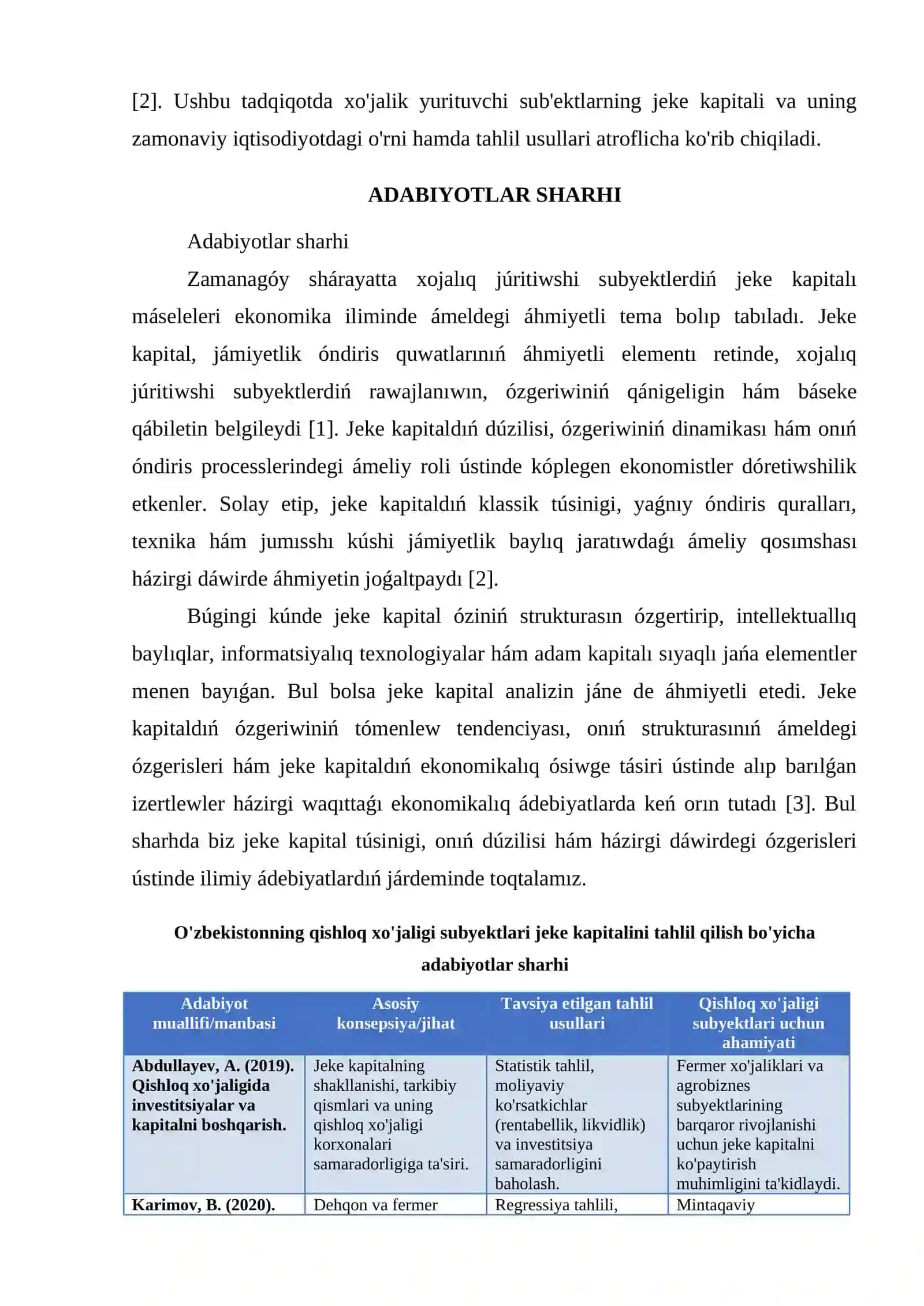 ZAMANAGÓY SHÁRAYATTA XOJALIQ JÚRITIWSHI SUBYEKTLERDIŃ JEKE KAPITALI HÁM ONIŃ ANALIZI 2