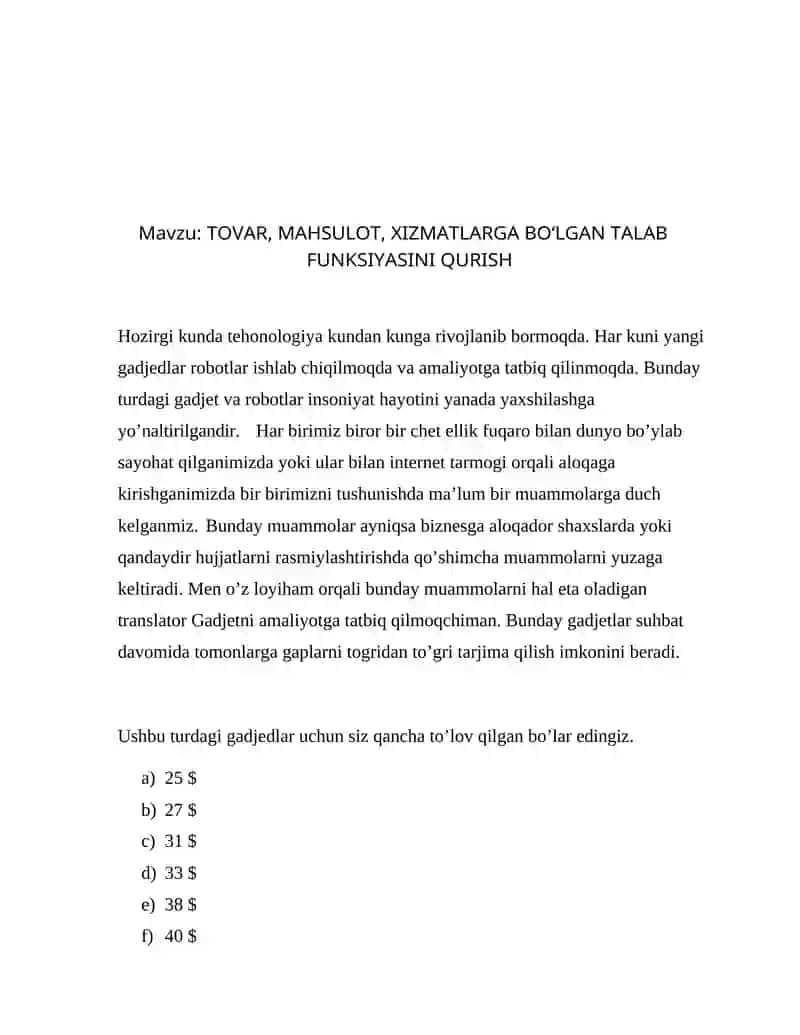 TOVAR, MAHSULOT, XIZMATLARGA BOʻLGAN TALAB FUNKSIYASINI QURISH 2