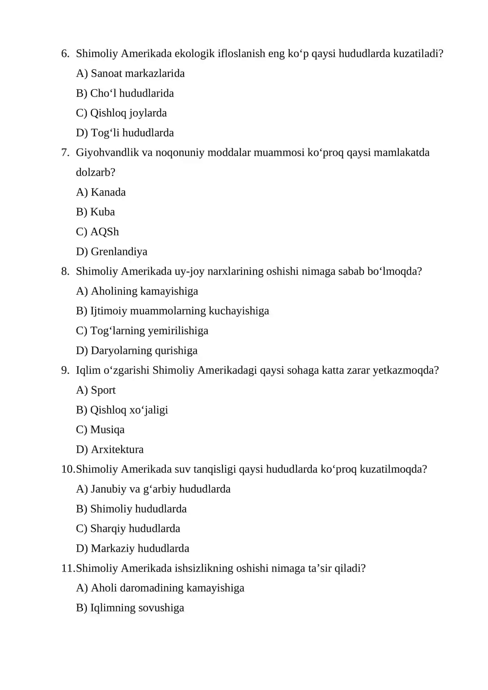 Shimoliy Amerika yuz tutayotgan bugungi kundagi dolzarb muammolar va ularning Test 2