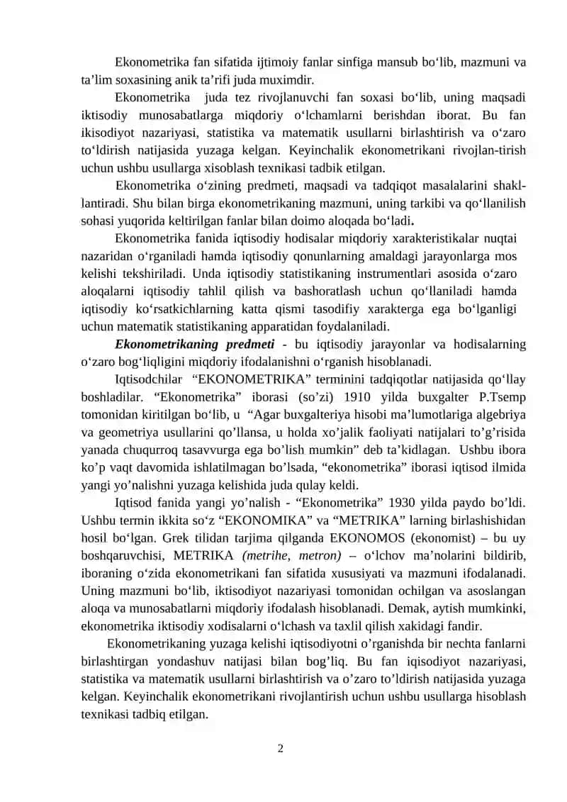 IQTISODIYOTNI EKONOMETRIK MODELLASHTIRISH ASOSLARI 2