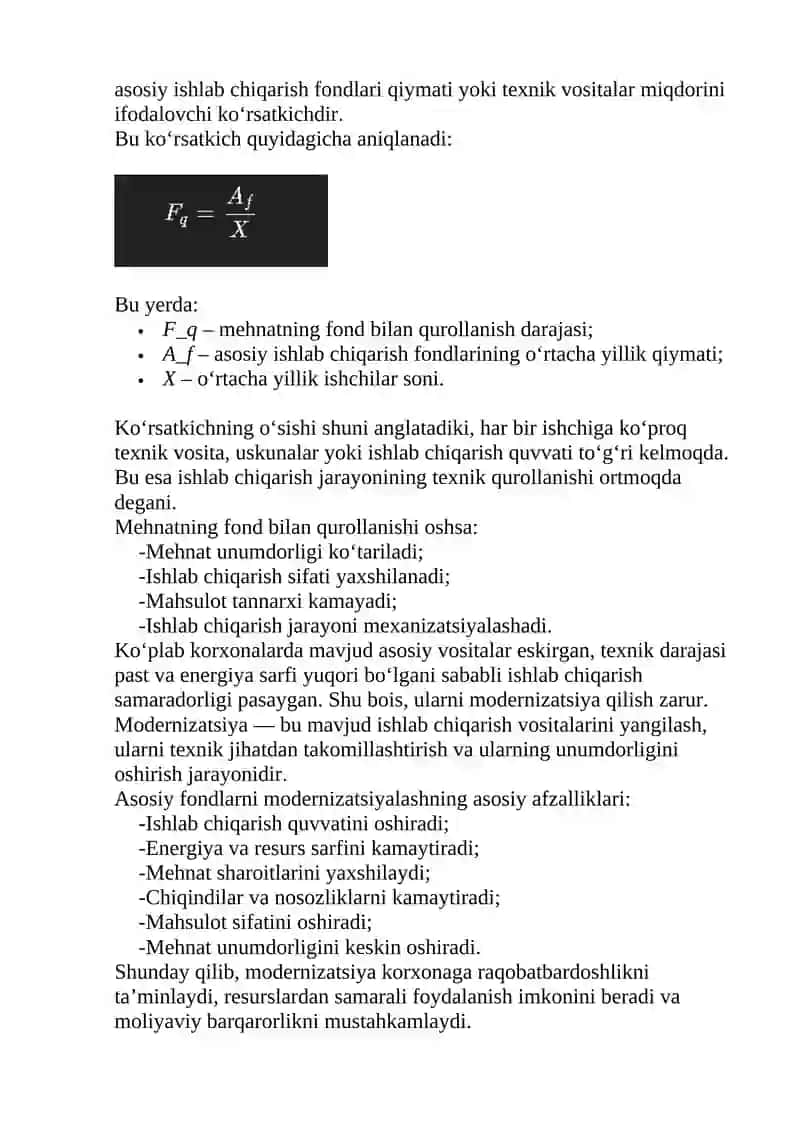 Asosiy Fondlar va Mehnat Qurollanishi 2