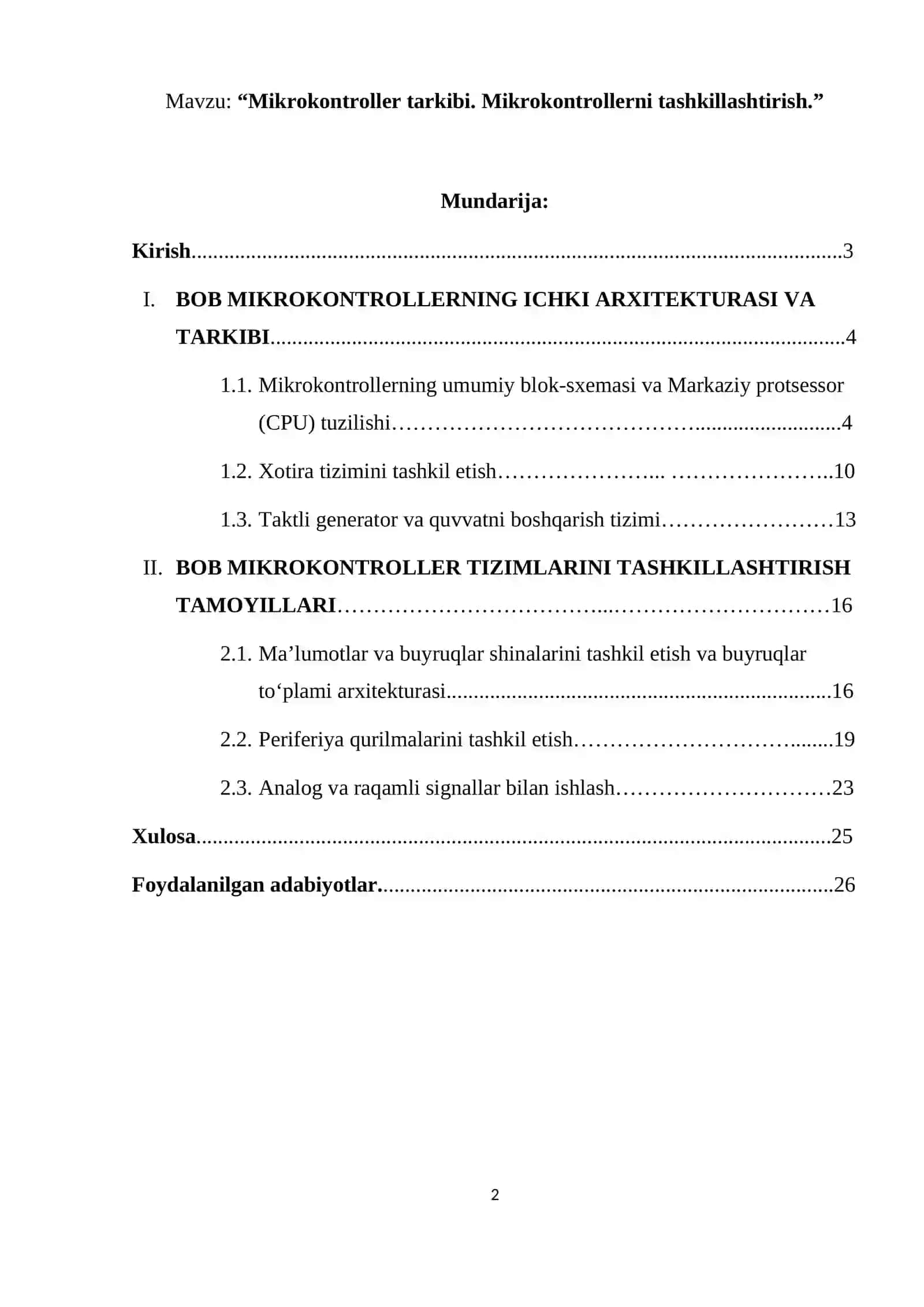 Mikrokontroller tarkibi. Mikrokontrollerni tashkillashtirish 2