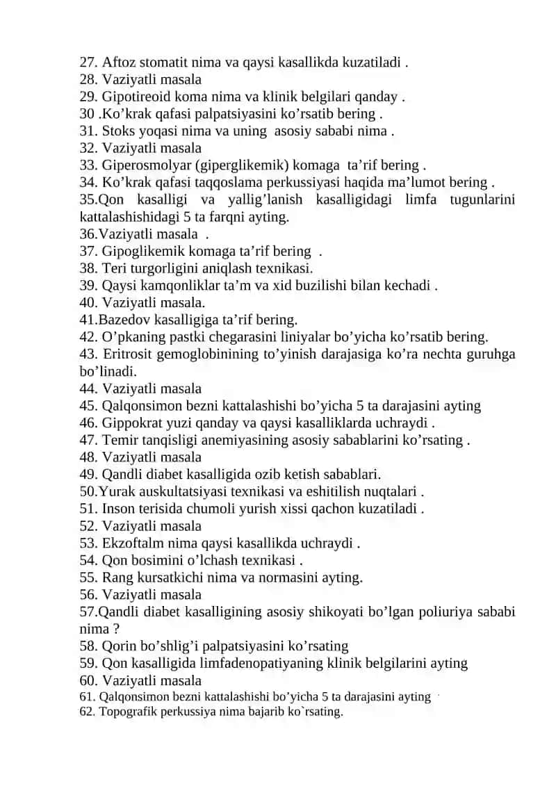 Ichki kasalliklari propedevtikasi fanidan oraliq nazorat savollari 2
