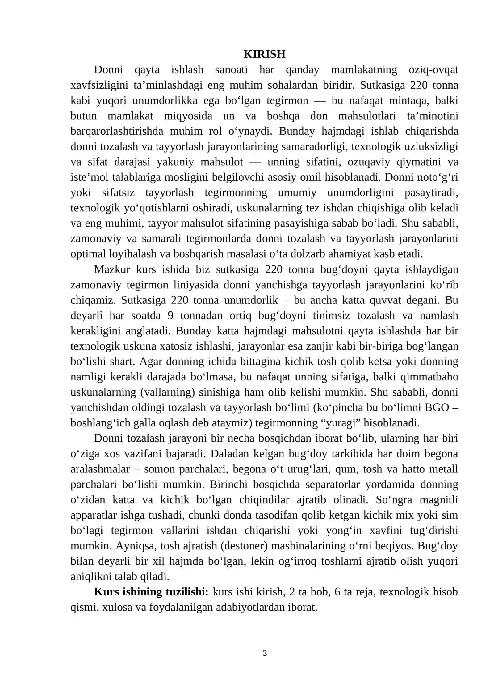 Sutkasiga 220 t/s unumdorlikda tegirmonda donni tozalash va tayyorlash jarayonlari 2