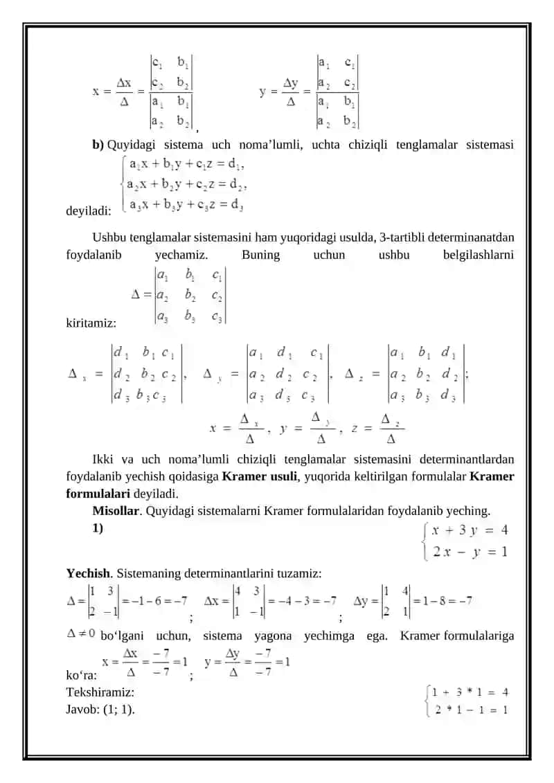Chiziqli tenglamalar sistemasining turlari, yechimga ega bo’lish va h.k. 2