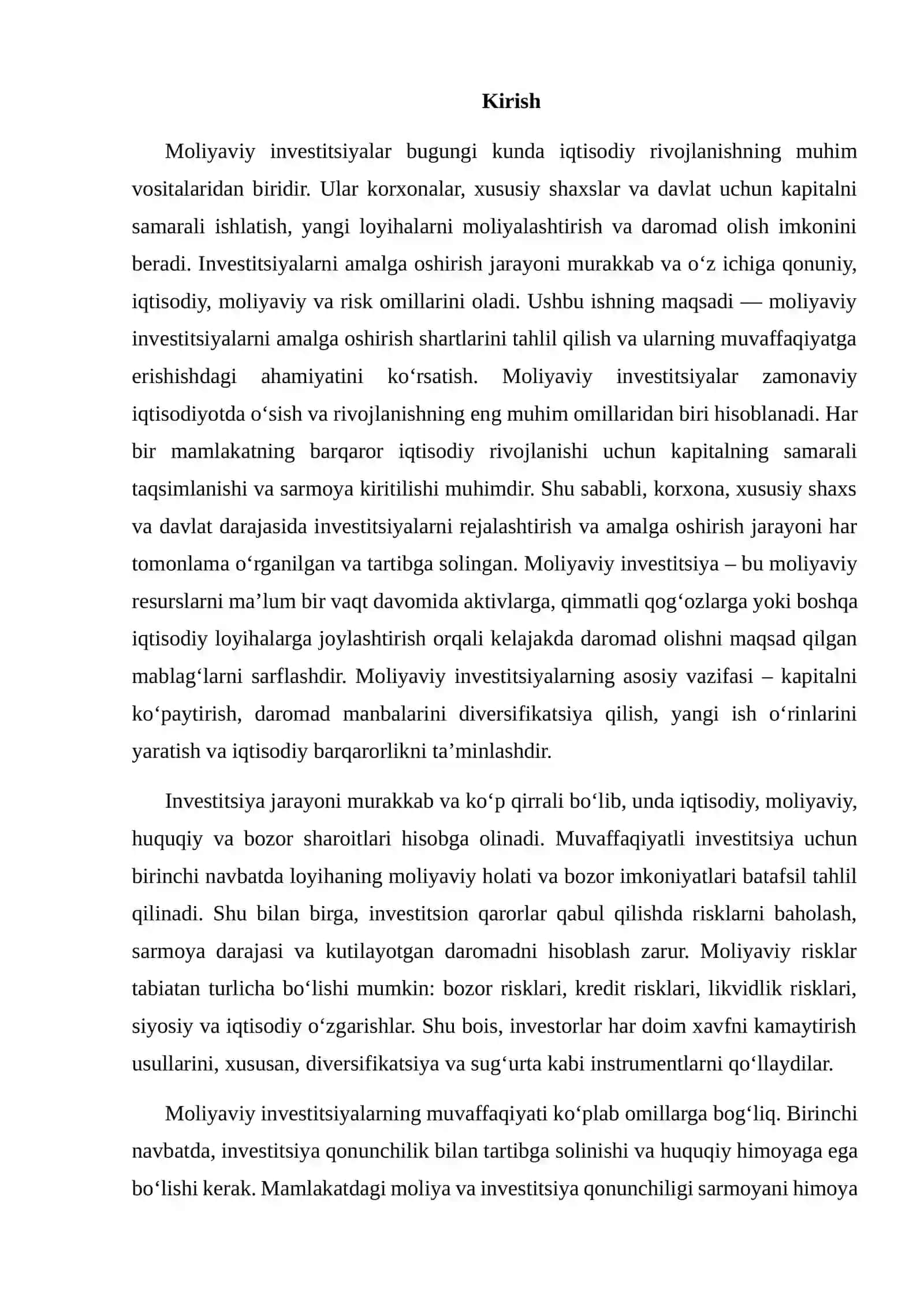 Moliyaviy investitsiyalarni amalga oshirish shartlari 2