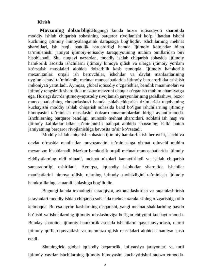 Moddiy ishlab chiqarish sohasida ijtimoiy hamkorlik asosida 2