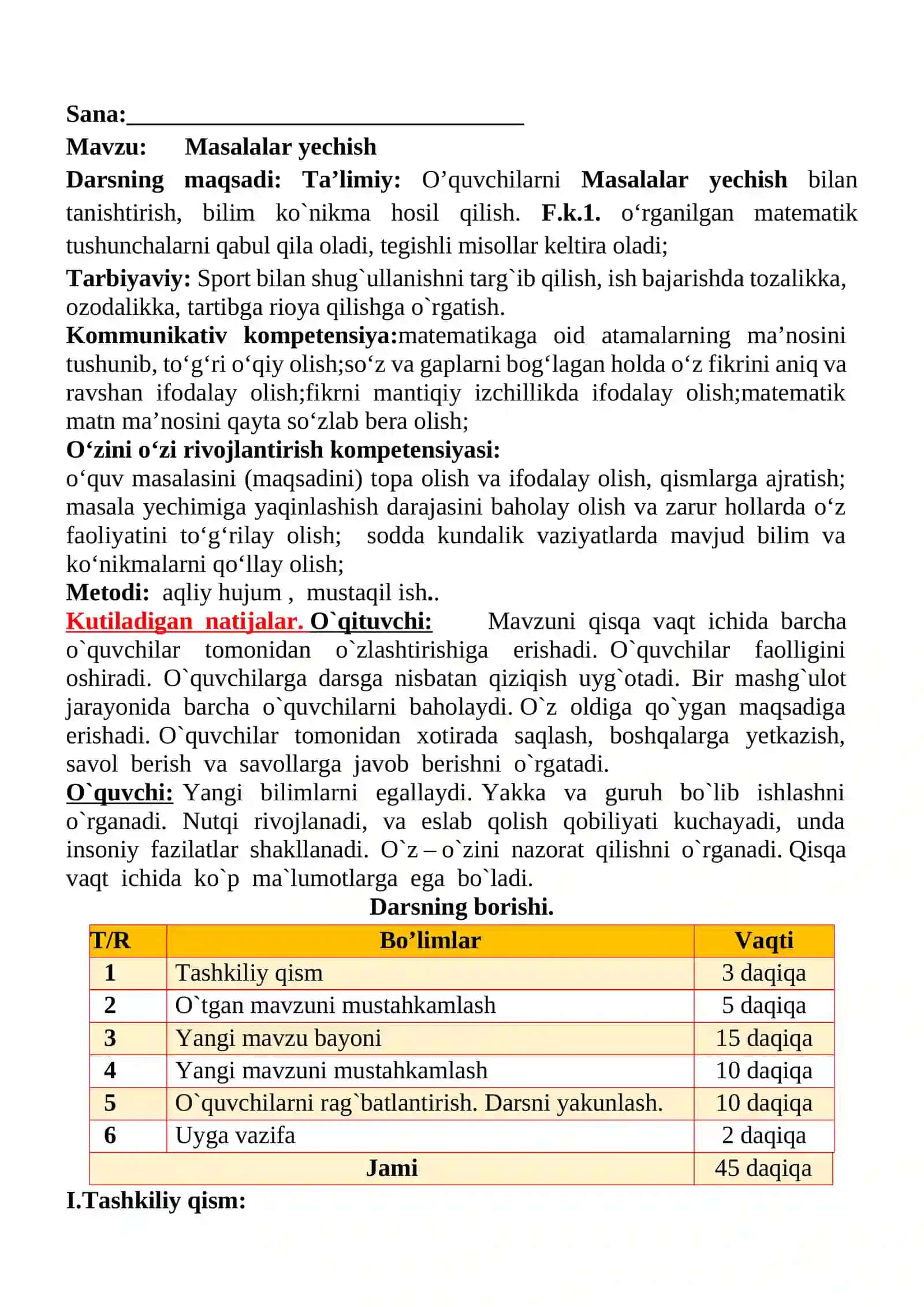 Masalalar yechish mavzusida 2-sinf matematika fanidan dars ishlanmasi 2