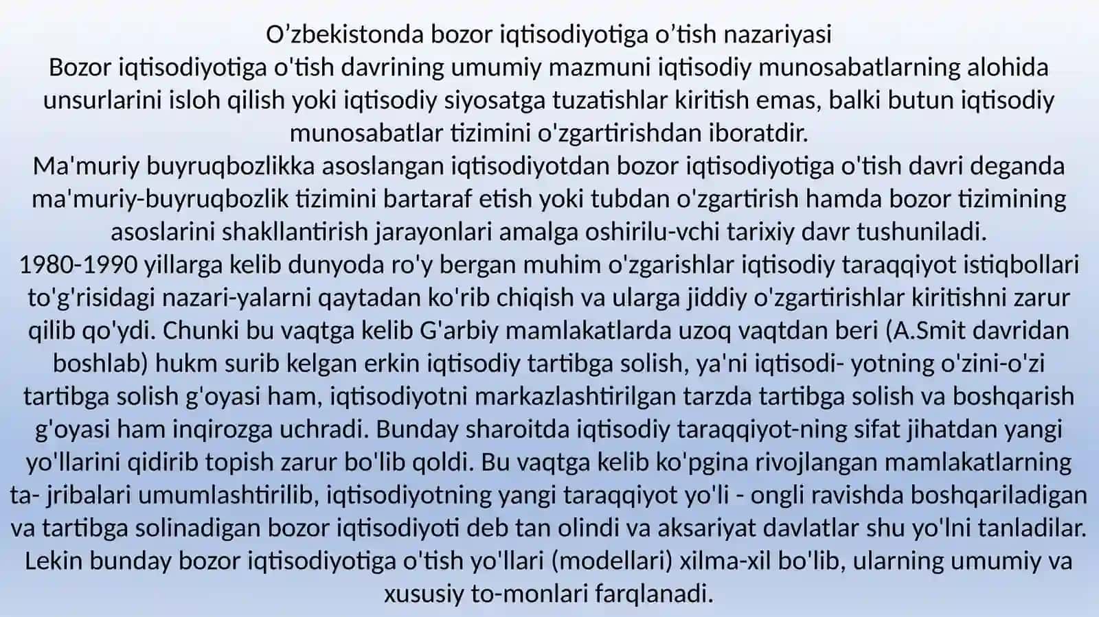 Bozor iqtisodiyotiga o'tish davri va uning O'zbekistondagi xususiyatlari 2