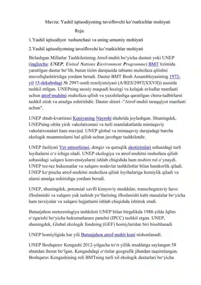 Yashil iqtisodiyoning tavsiflovchi ko’rsatkichlar mohiyati 2
