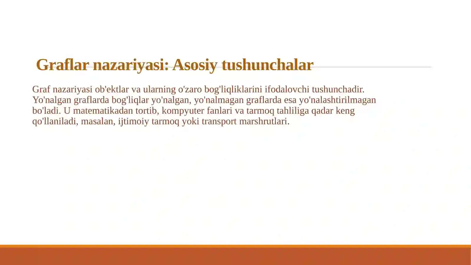 Graflar nazariyasi haqida umumiy ma’lumot. Graflarning berilishi usullari: geometrik ifodalanishi 2
