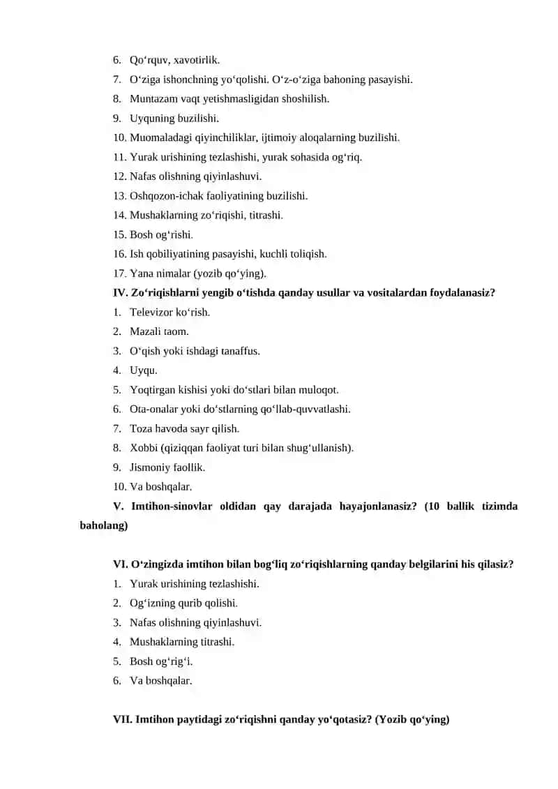 O‘quv faoliyati bilan bog‘liq stress (zo‘riqish)ni o‘rganish testi (Yu.V. Shcherbatix testi) 2