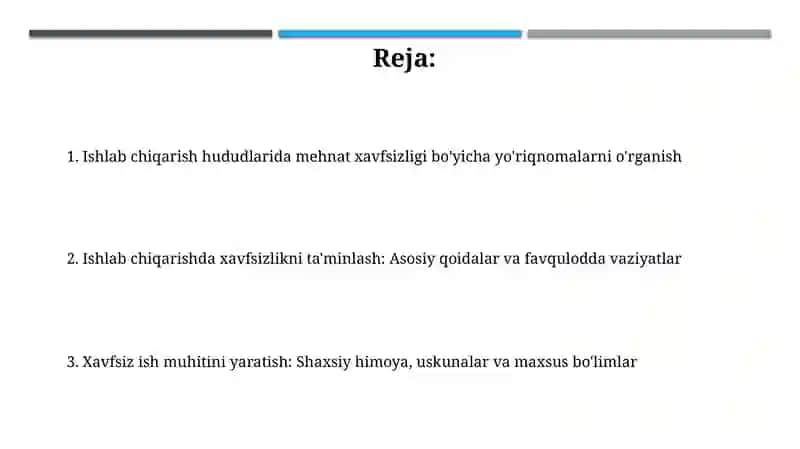Ishlab chiqarish maydonlarida mehnat xavfsizligi to'g'risida yo'riqnomalarni o'rganish 2