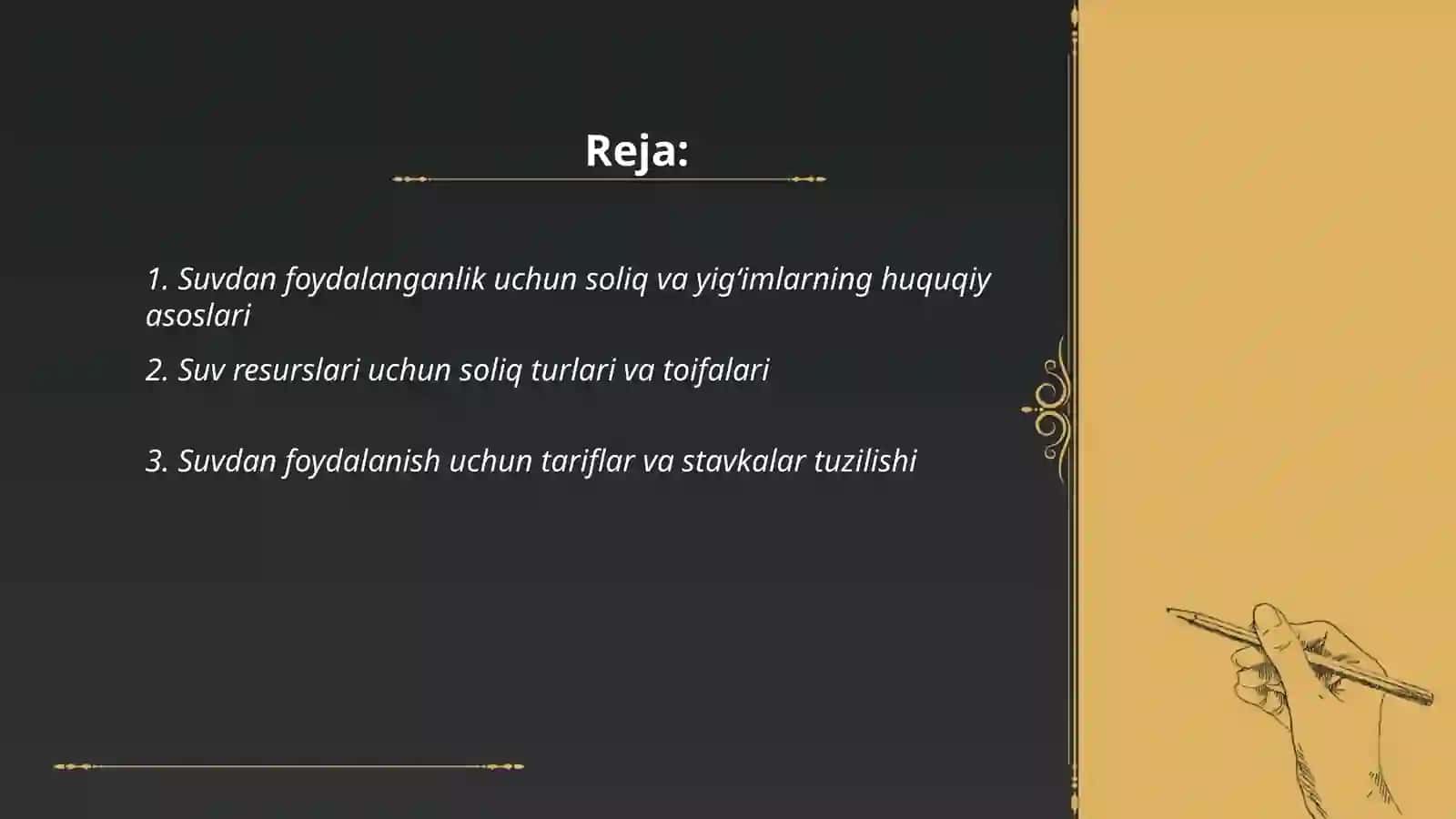 Suvdan foydalanganlik uchun soliq va imtiyozlar hamda ularni hisobini oʼrganish 2