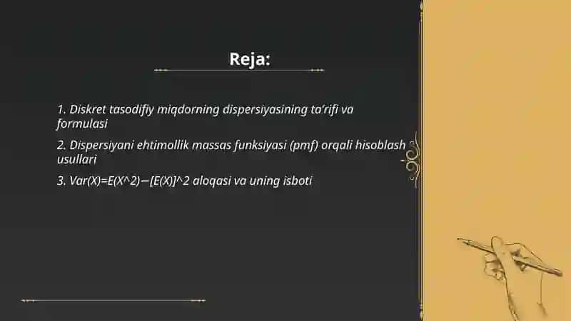Diskret tasodifiy miqdorning dispersiyasi va uning xossalari 2