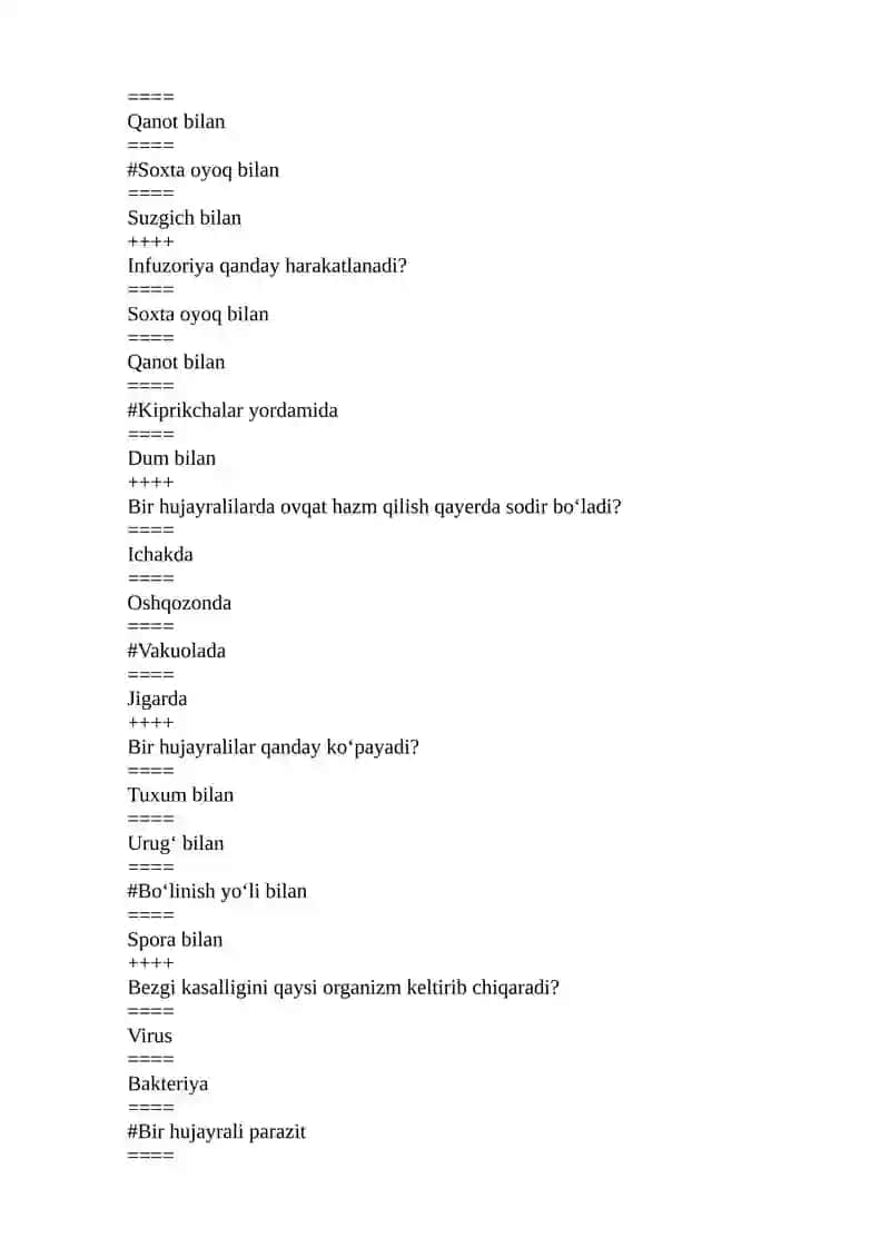 Zoologiya fanidan test savollari 2