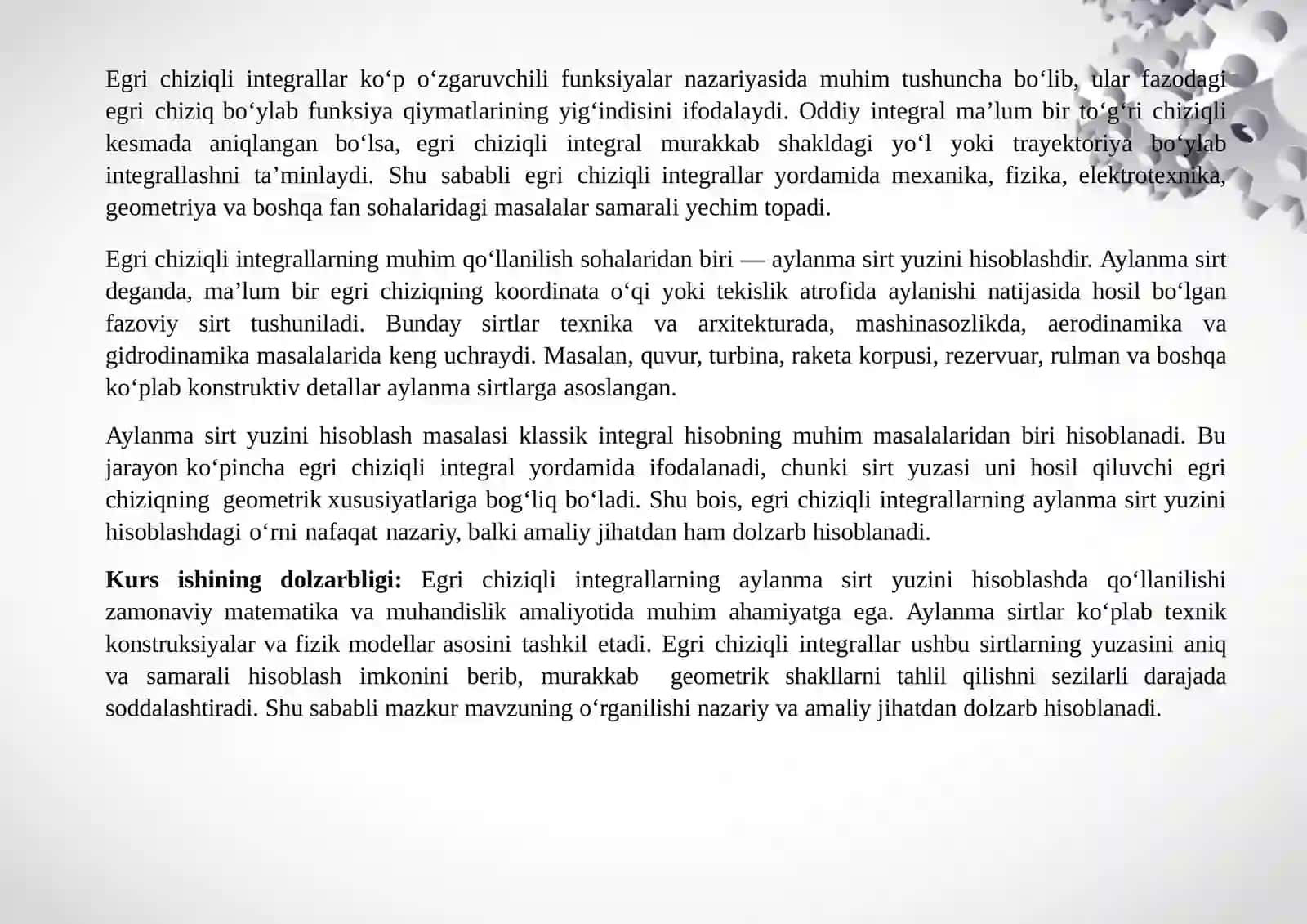“EGRI CHIZIQLI INTEGRALLARNING AYLANMA SIRT YUZINI HISOBLASHGA QO‘LLANILISHI” kurs ishi 2