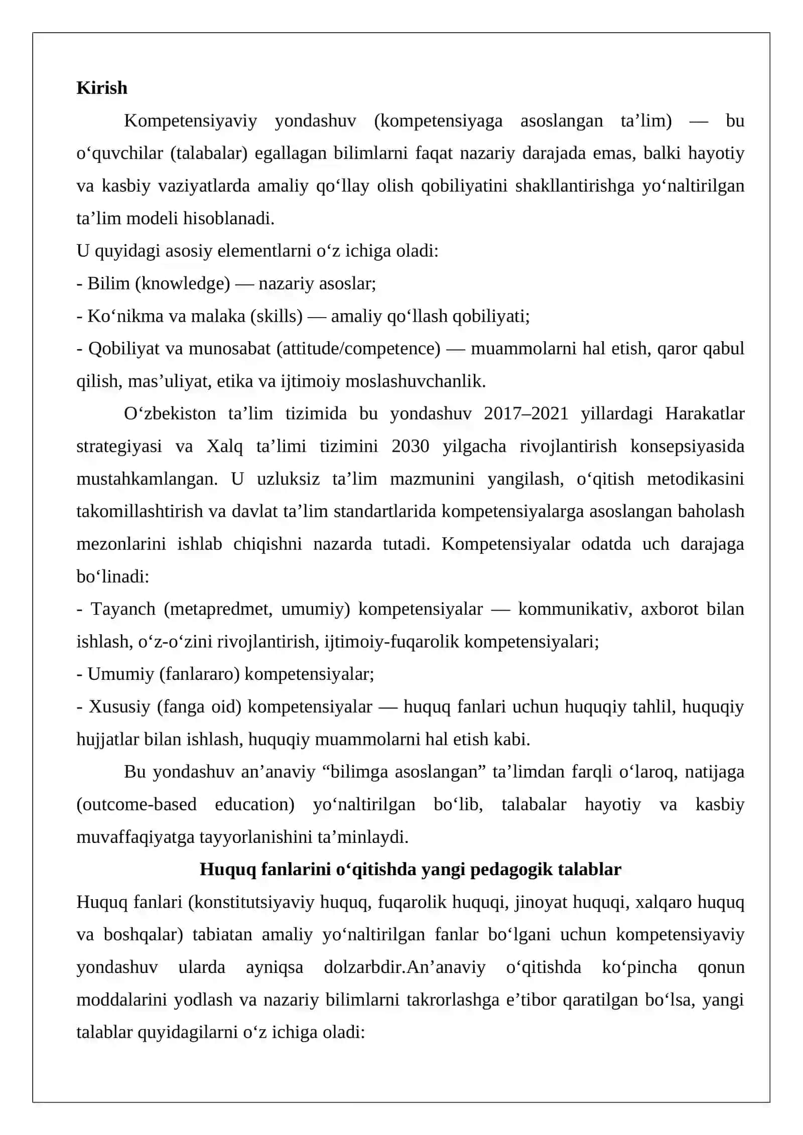Huquq fanlarini o‘qitishda kompetensiyaviylik yondashuvini joriy etish, talabalarda 2