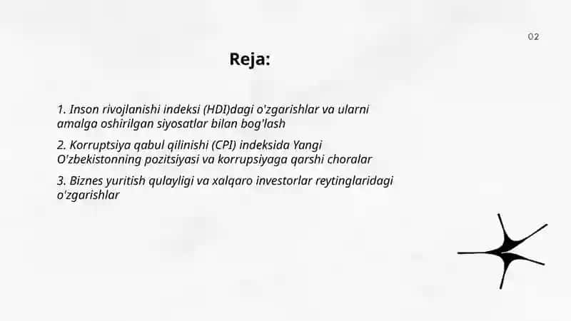Yangi O'zbekiston ijtimoiy-siyosiy, iqtisodiy va madaniy hayotida ro'y berayotgan o'zgarishlarning xalqaro reyting va indekslarda aks etilishi 2