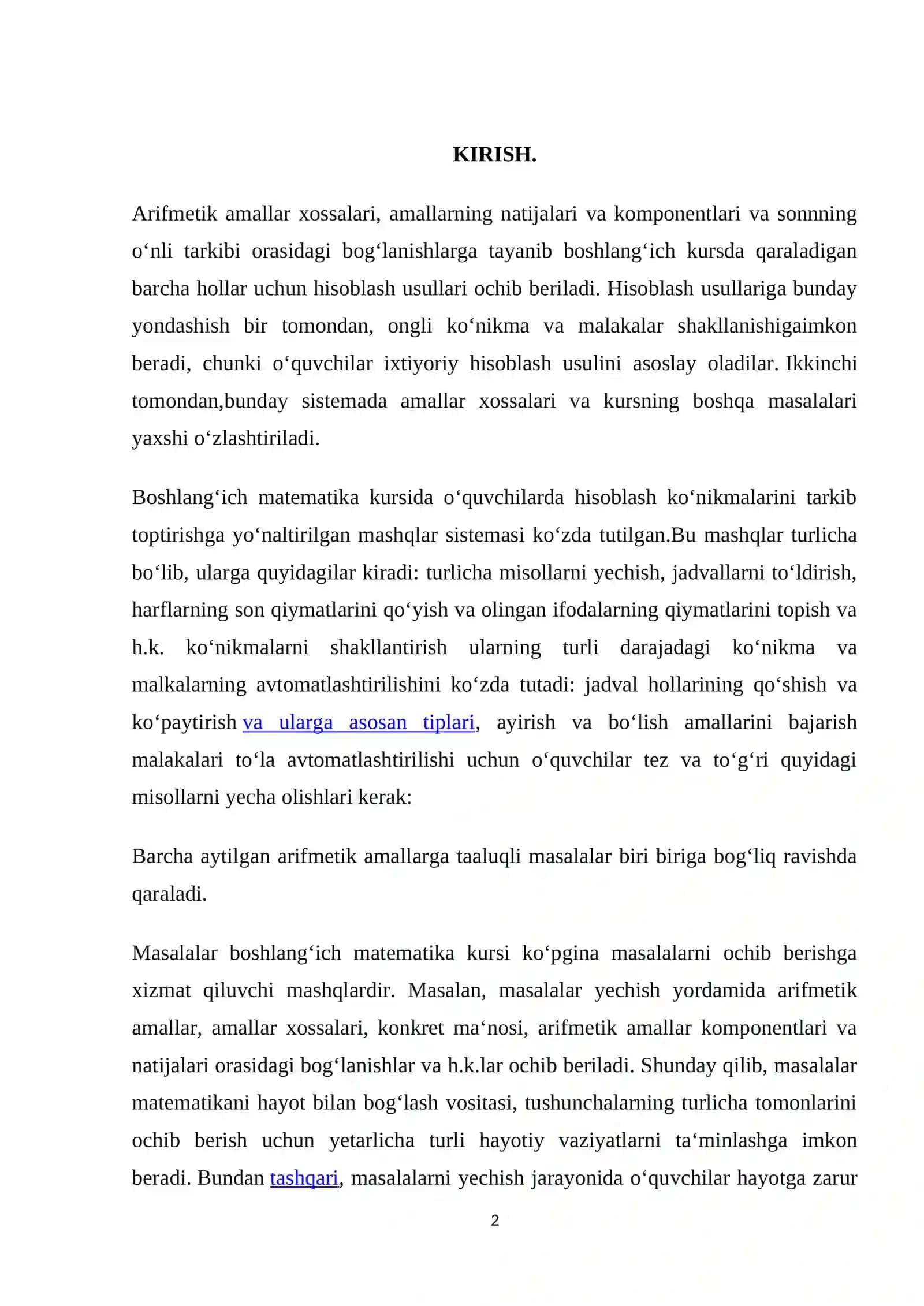 BOB.100 ICHIDA KO‘PAYTIRISH VA BO‘LISH. ARIFMETIK AMALLAR XOSSALARI, AMALLARNING NATIJALARI 2