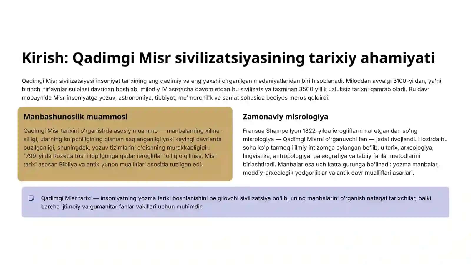 Qadimgi Misr tarixini o'rganish manbalari. 2