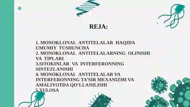 MONOKLONAL ANTITELALAR, ULARNI OLINISHI, TIPLARI VA AMALIYOTDA QO’LLANILISH. SITOKINLAR, 2