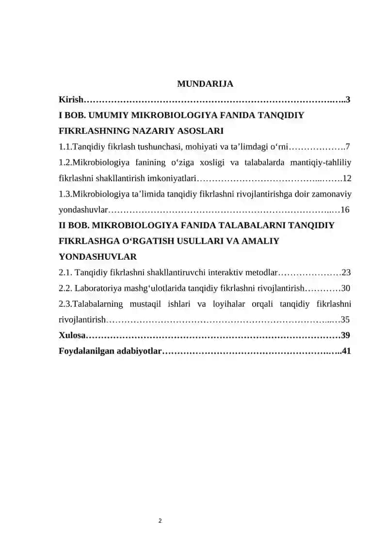 UMUMIY MIKROBIOLOGIYA FANIDA TALABALARNI TANQIDIY FIKRLASHGA O‘RGATISH USULLARI        kurs ishhi 2