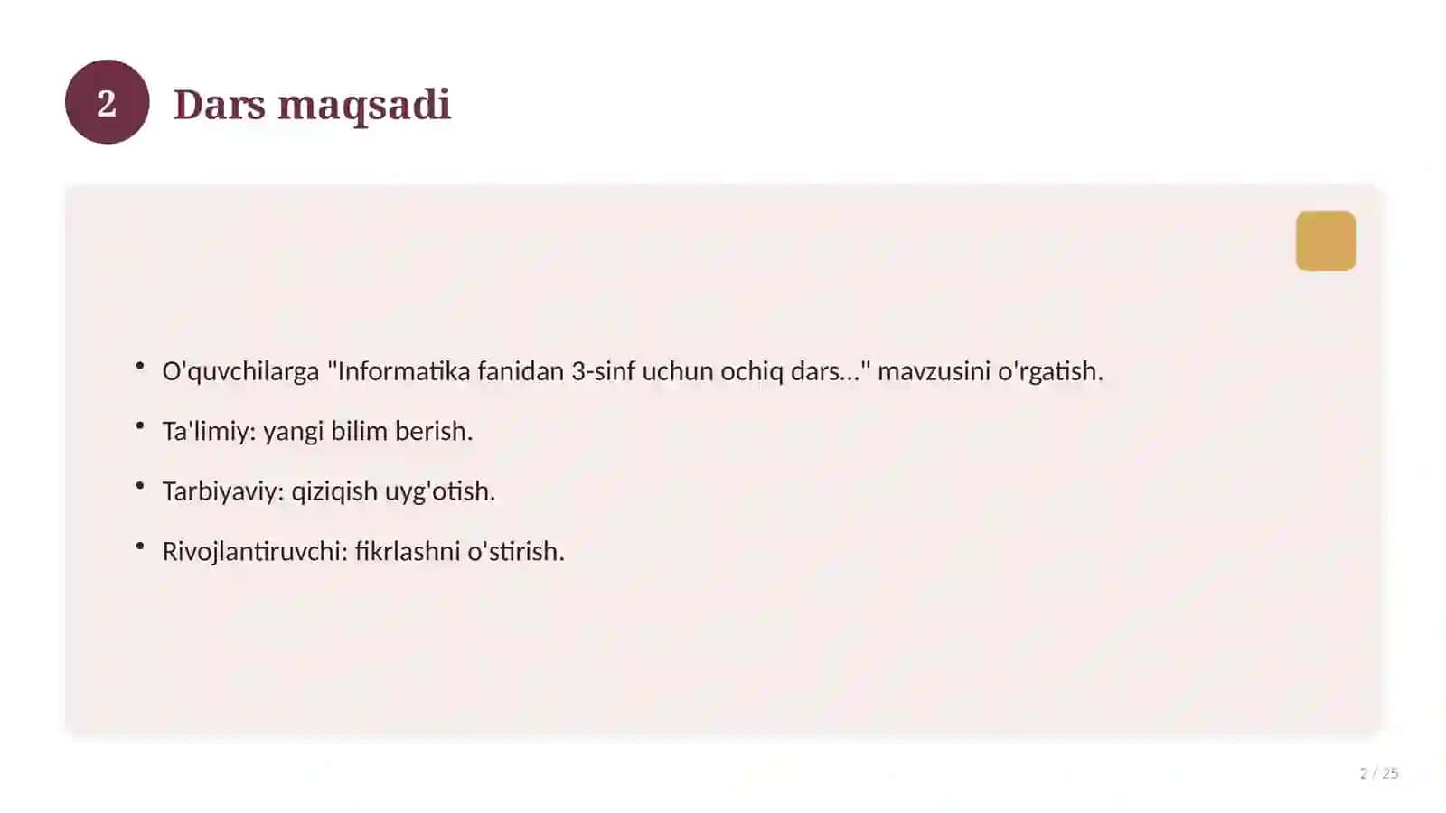 Informatika fanidan 3-sinf uchun ochiq dars ishlanmasi 2