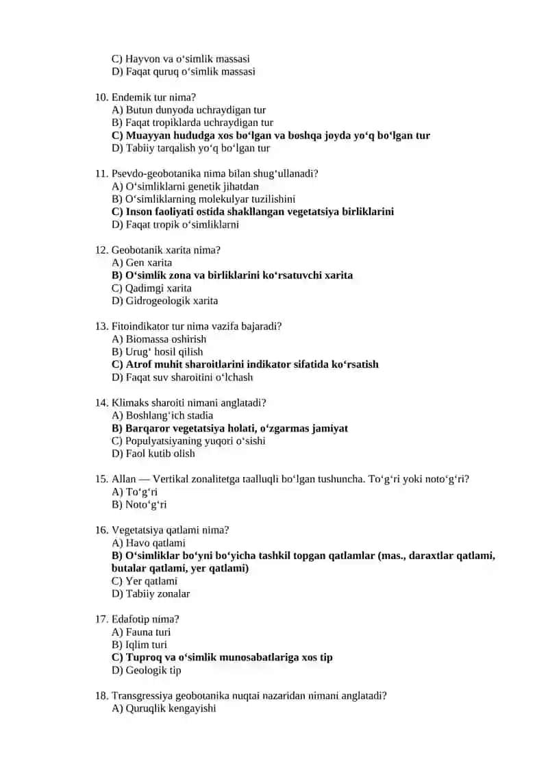 Geobotanika fanidan namuna test savollari 2