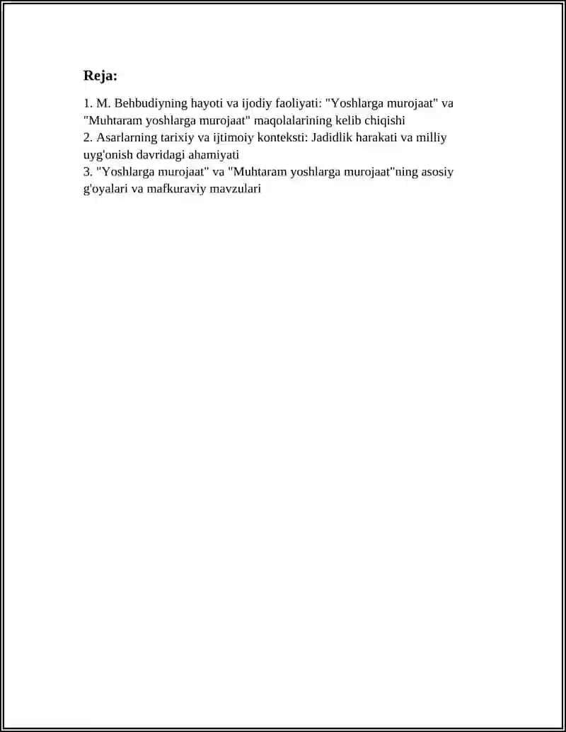 M. BEHBUDIYNING "YOSHLARGA MUROJAAT " VA "MUHTARAM YOSHLARGA MUROJAAT " MAQOLASI TAHLIL ETISH. (ESSE) 2