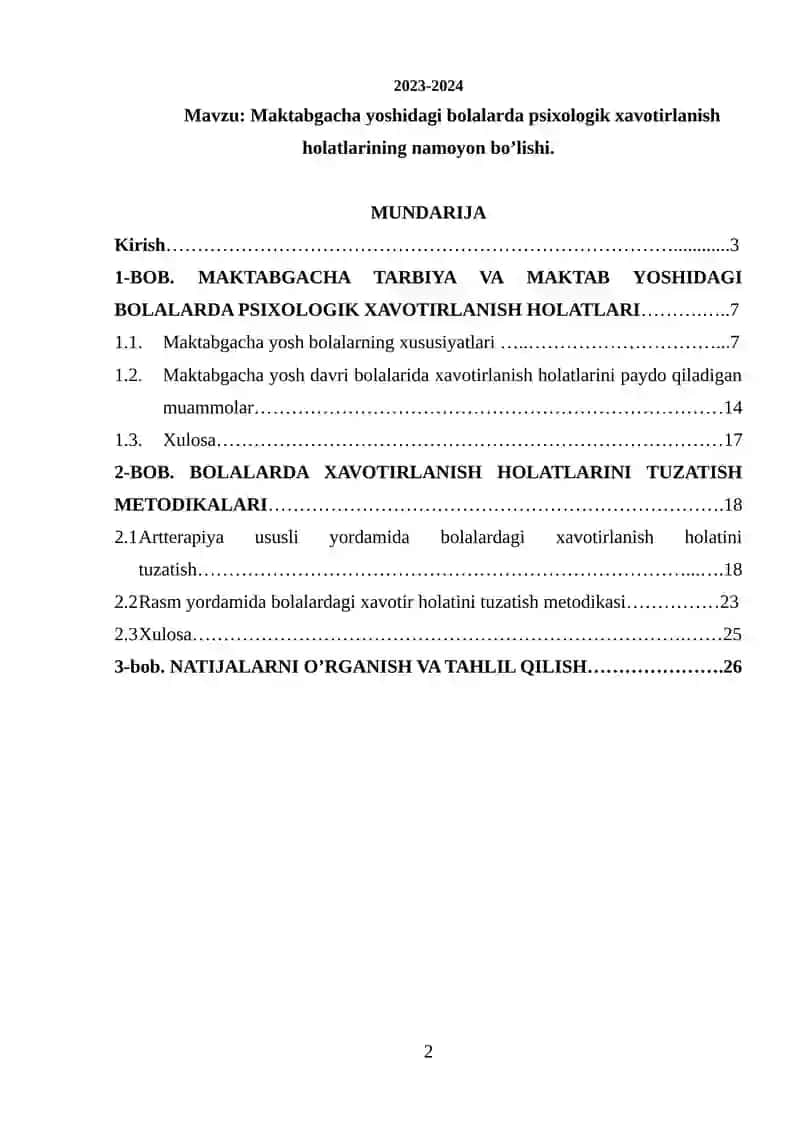 Maktabgacha yoshidagi bolalarda psixologik xavotirlanish holatlarining namoyon bo’lishi 2