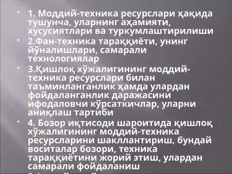 ҚИШЛОҚ ХЎЖАЛИГИда МОДДИЙ-ТЕХНИКА РЕСУРСЛАРИ ва улардан фойдаланиш самарадорлиги 2