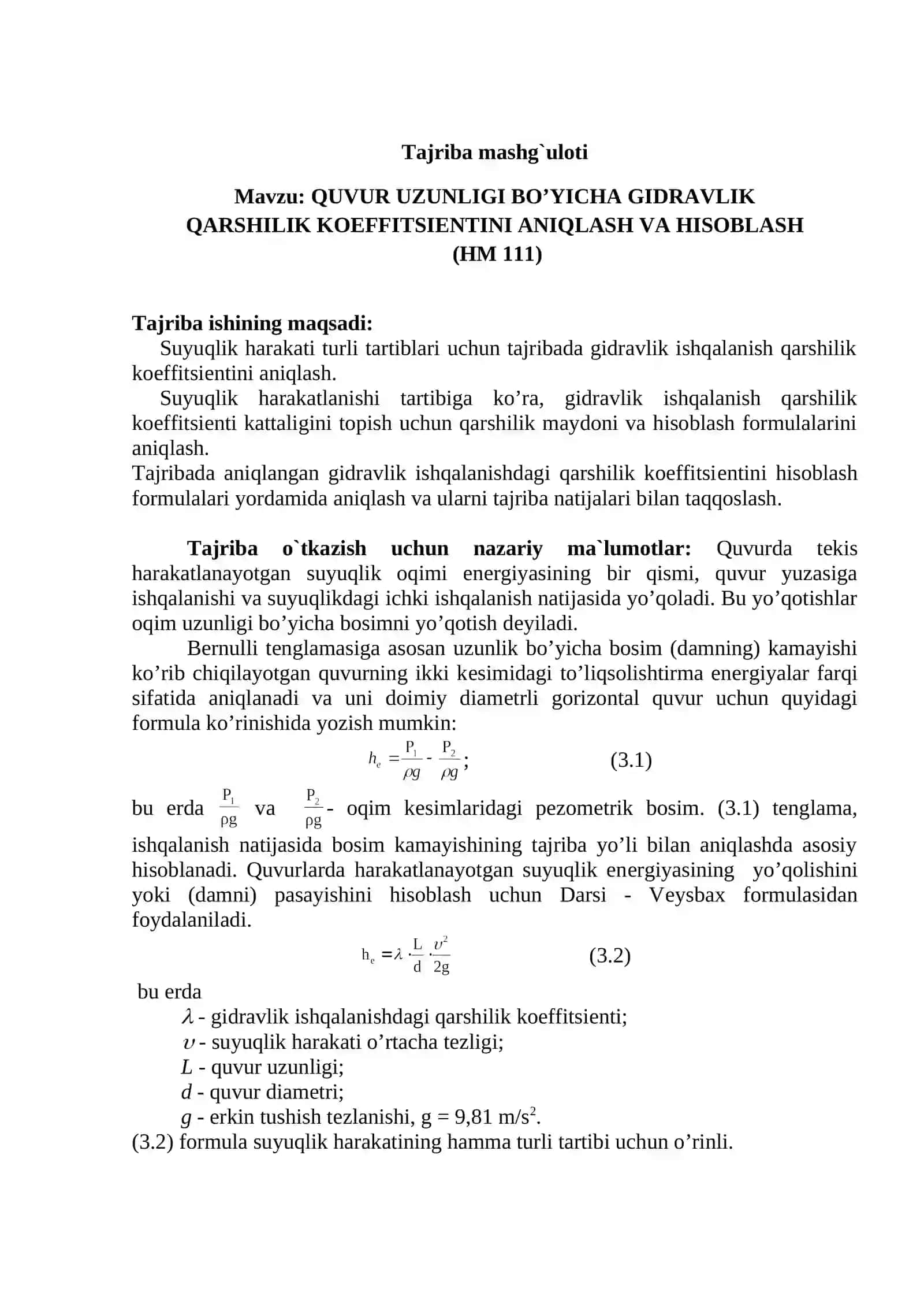 QUVUR UZUNLIGI BOYLAB BOSIM YO`QOLISHINI ANIQLASH 2