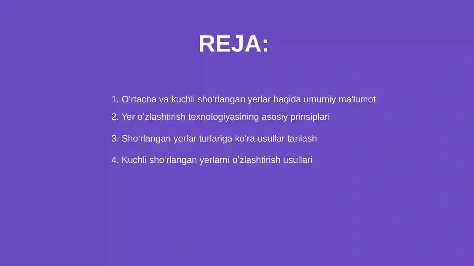 Oʻrtacha va kuchli shoʻrlangan yerlarni oʻzlashtirish texnologiyasi va ulardan samarali foydalanish usullari 2