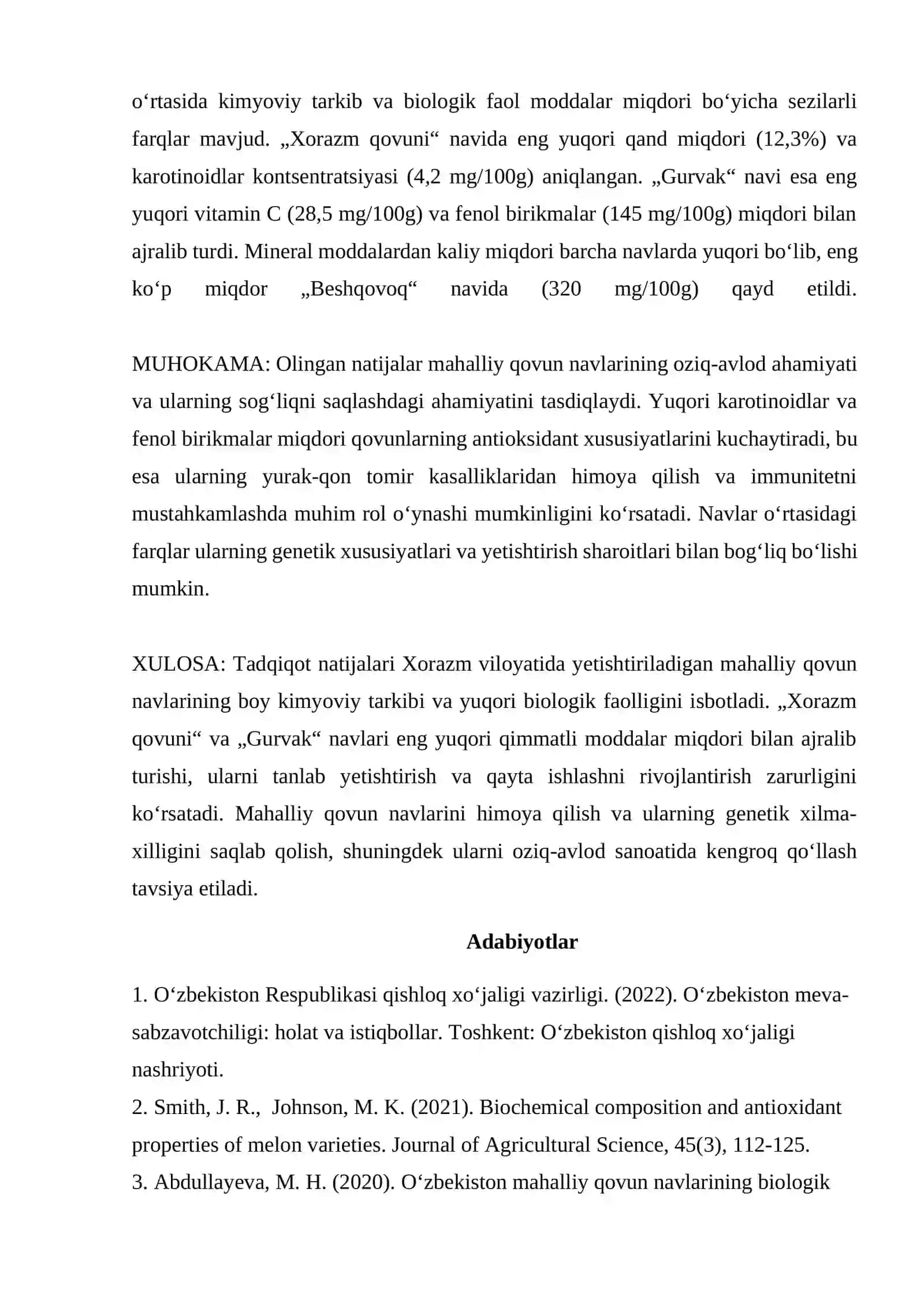 MAHALLIY QOVUN NAVLARINING KIMYOVIY VA BIOLOGIK FAOL MODDALAR TARKIBINI SOLISHTIRMA O‘RGANISH 2