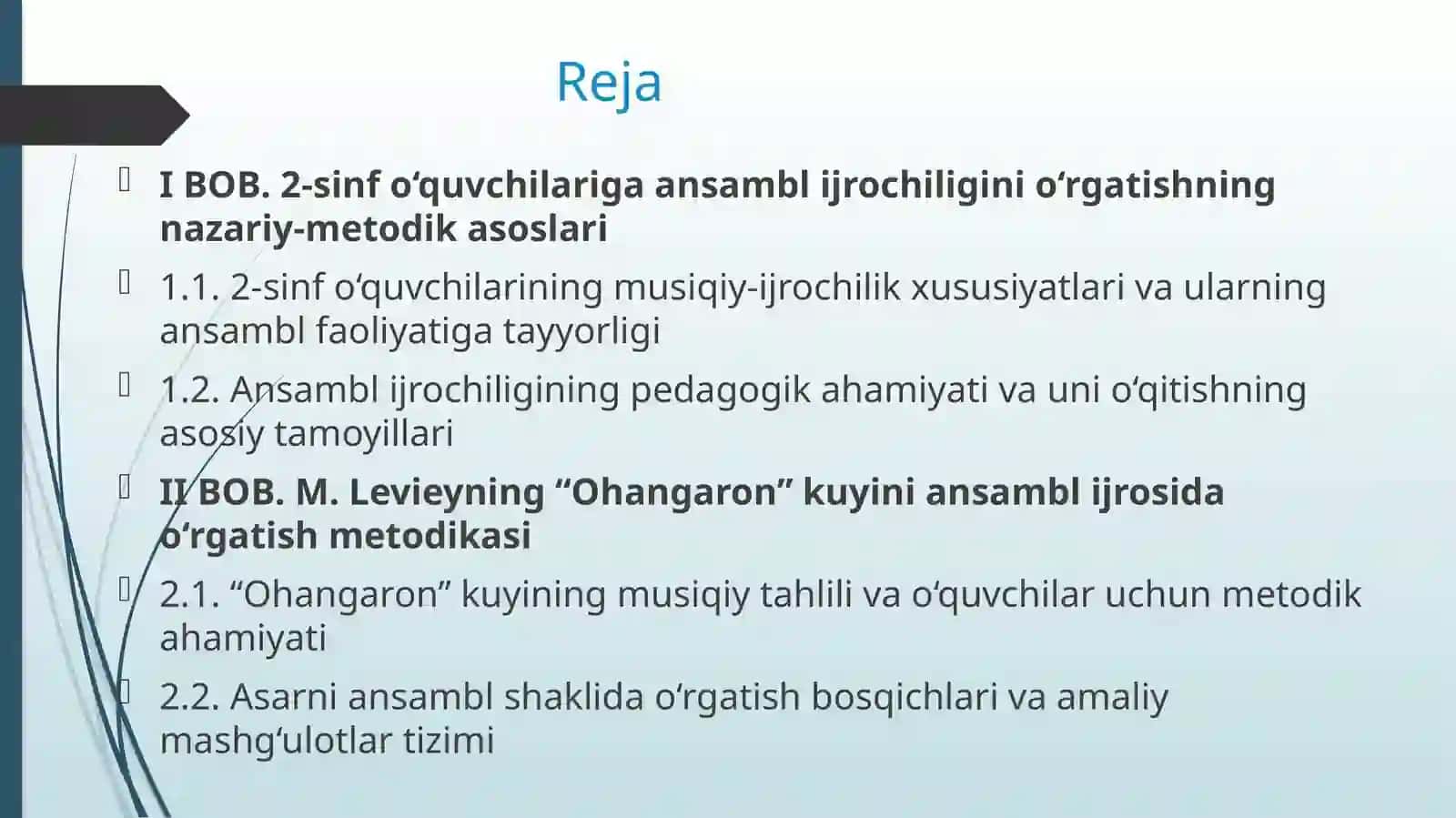 M. Levieyning “Ohangaron” kuyini ansambl ijrosida o‘rgatish metodikasi 2
