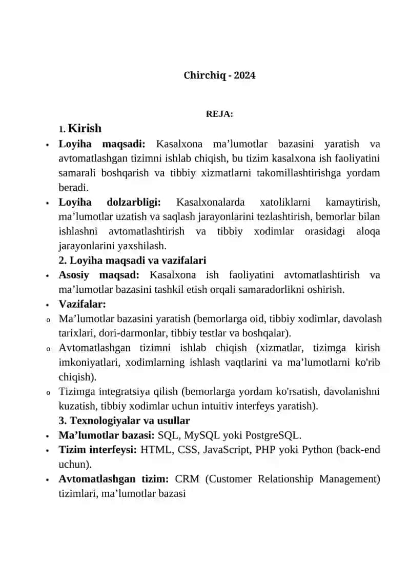 Kasalxona ma’lumotlar bazasini va avtomatlashgan Tizimni ishlab chiqish 2