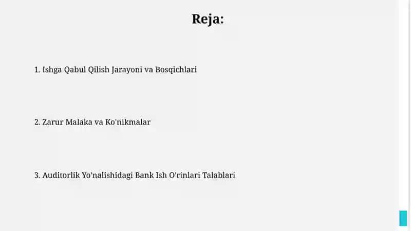 Bank ishi va aydit yo’nalishida mutaxassislikka qo’yilgan talablar 2