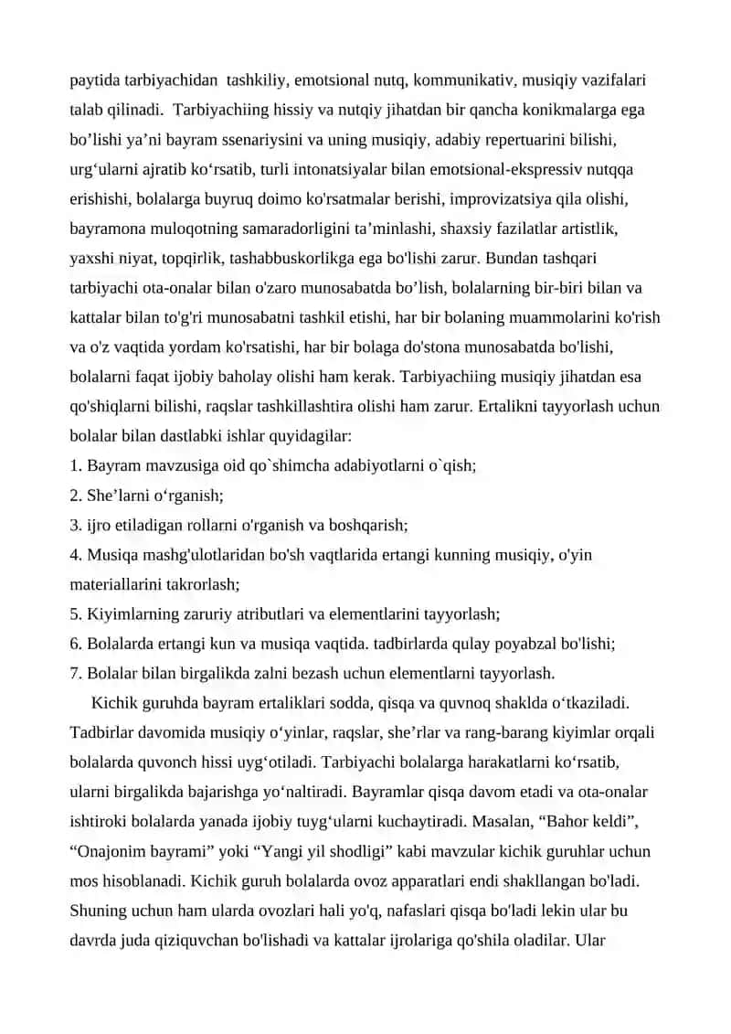 MTTda kichik, o‘rta va katta guruhlarda bayram ertaliklarini mazmunli tashkil etish, dinamik belgilar. 2