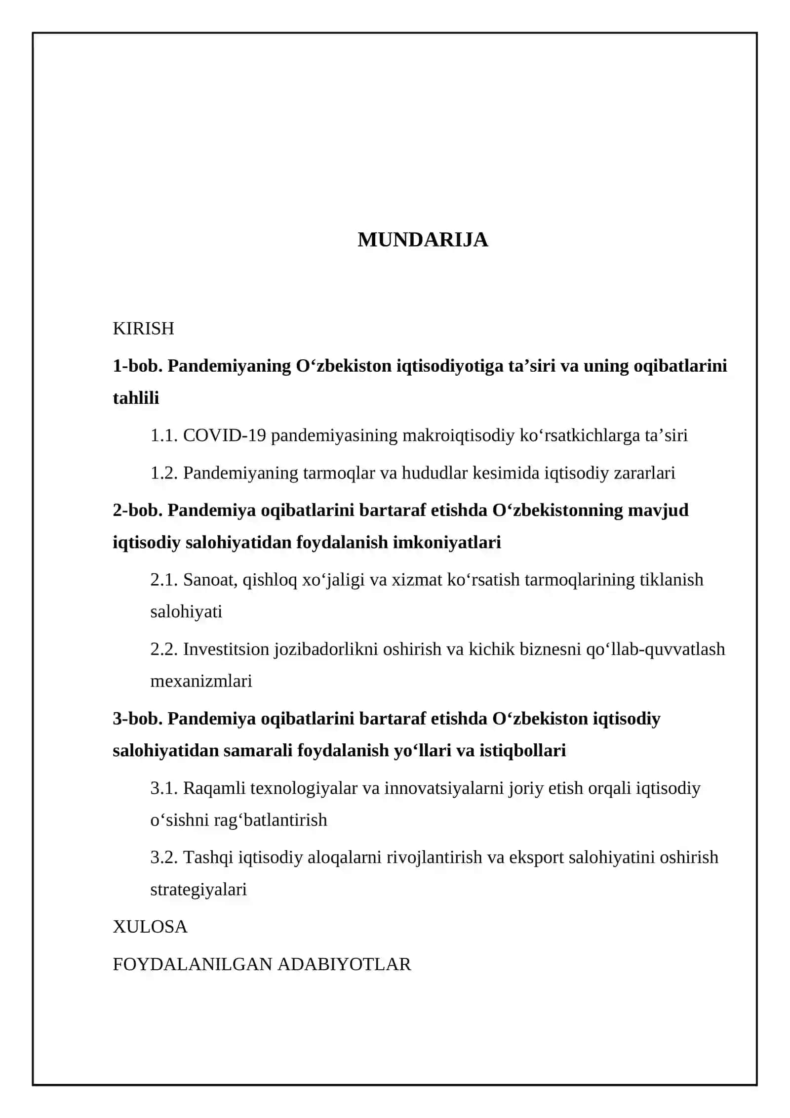 Pandemiya oqibatlarini bartaraf etishda O‘zbekistonning iqtisodiy salohiyatidan samarali foydalanish yo‘llari 2