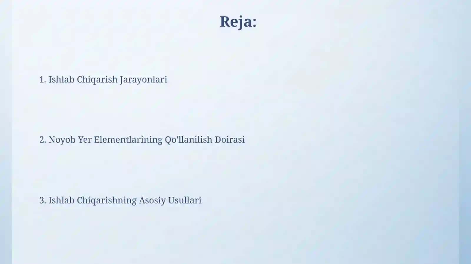 Kamyob elementlarning qoʻllanilish sohasi,ishlab chiqarishning asosiy usullari va jarayonlari 2